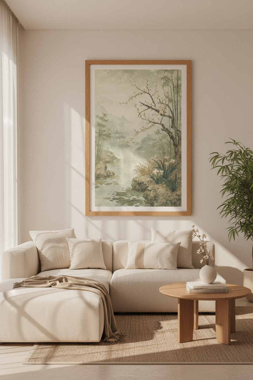 Chinoiserie Landscape Wall Art | Sage Green Vintage Zen Decor | Asian Garden Poster