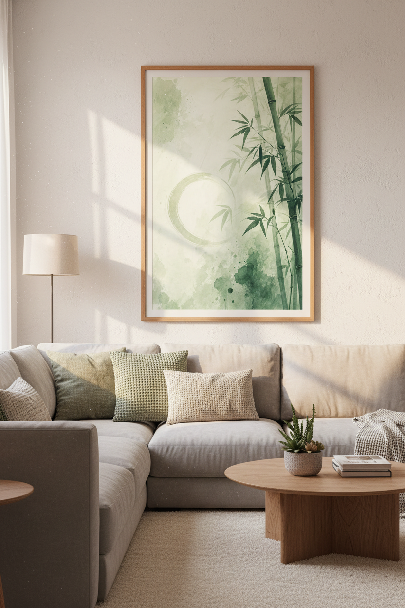 Zen Bamboo Watercolor Wall Art | Sage Green Nature Decor | Japandi Poster
