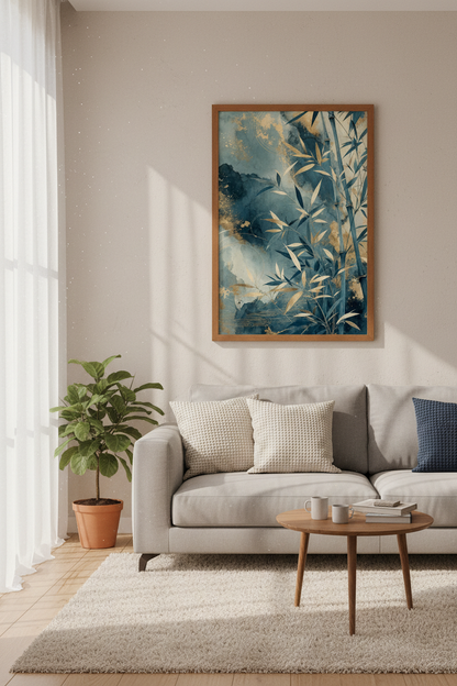 Japanese Bamboo Wall Art | Navy &amp; Gold Zen Decor | Abstract Japandi Poster