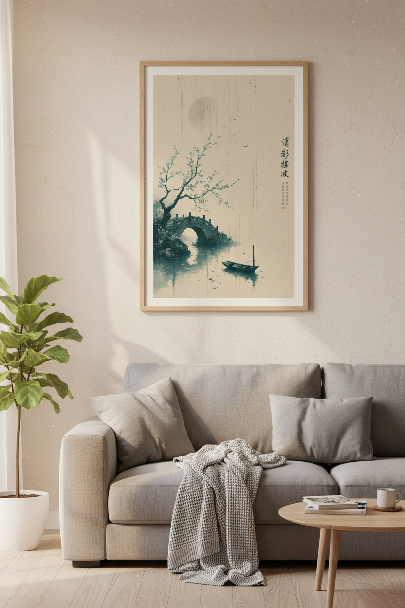Chinese Ink Wash Bridge Wall Art Print | Zen Landscape Decor | Minimalist Poster