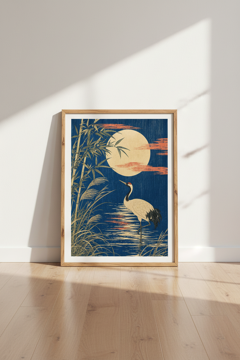 Japanese Crane &amp; Moon Art Print | Blue Vintage Ukiyo-e Style, Living Room Zen Decor