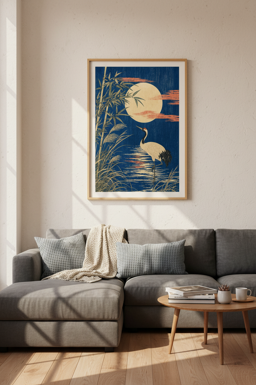 Japanese Crane &amp; Moon Art Print | Blue Vintage Ukiyo-e Style, Living Room Zen Decor