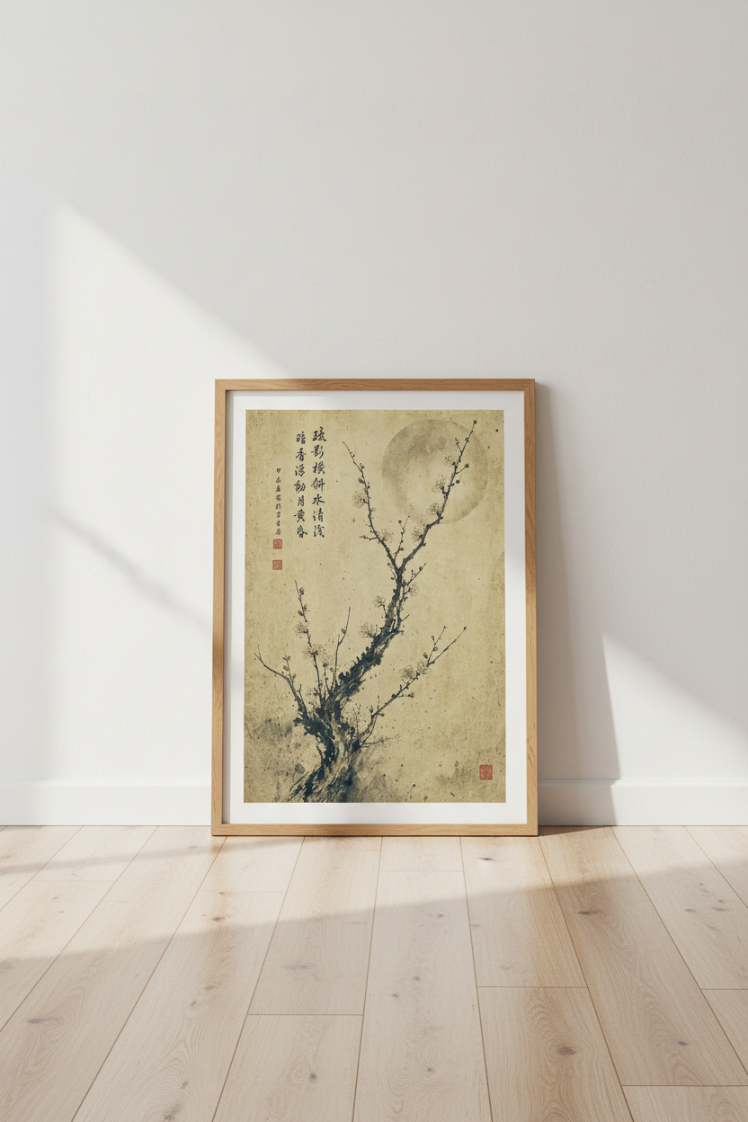 Japanese Plum Blossom Wall Art | Vintage Ink Moon Poster, Zen Bedroom Decor