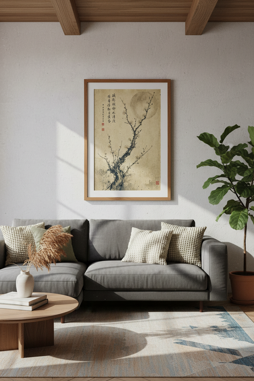 Japanese Plum Blossom Wall Art | Vintage Ink Moon Poster, Zen Bedroom Decor