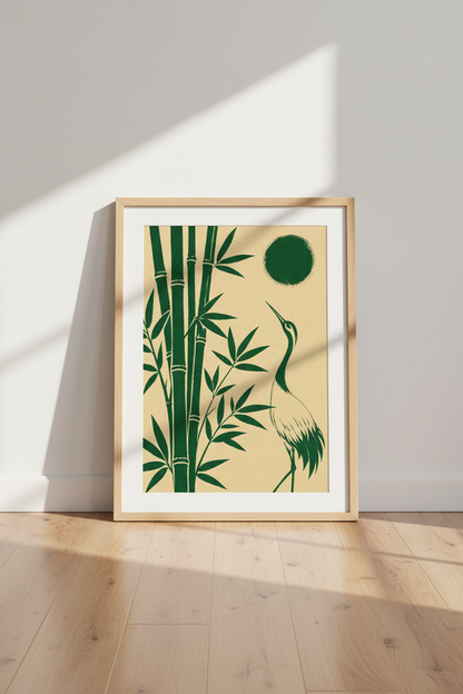 Japanese Crane &amp; Bamboo Art | Emerald Green Nature, Japandi Bedroom Decor