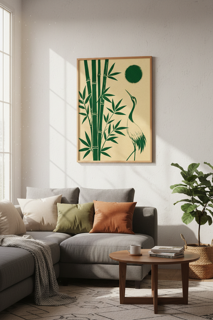 Japanese Crane &amp; Bamboo Art | Emerald Green Nature, Japandi Bedroom Decor