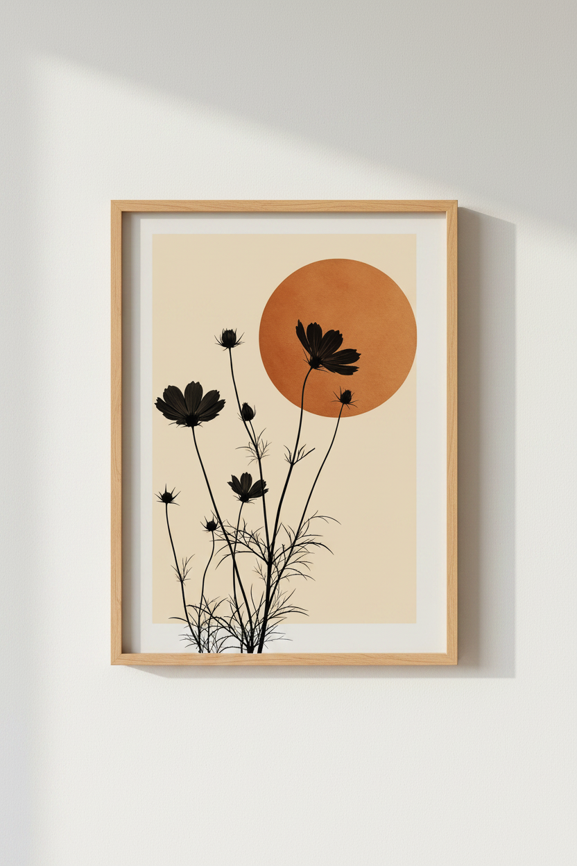 Boho Floral Wall Art Print | Terracotta Sun Botanical Decor | Minimalist Poster