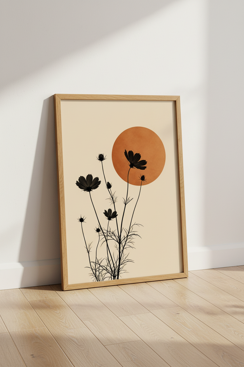 Boho Floral Wall Art Print | Terracotta Sun Botanical Decor | Minimalist Poster