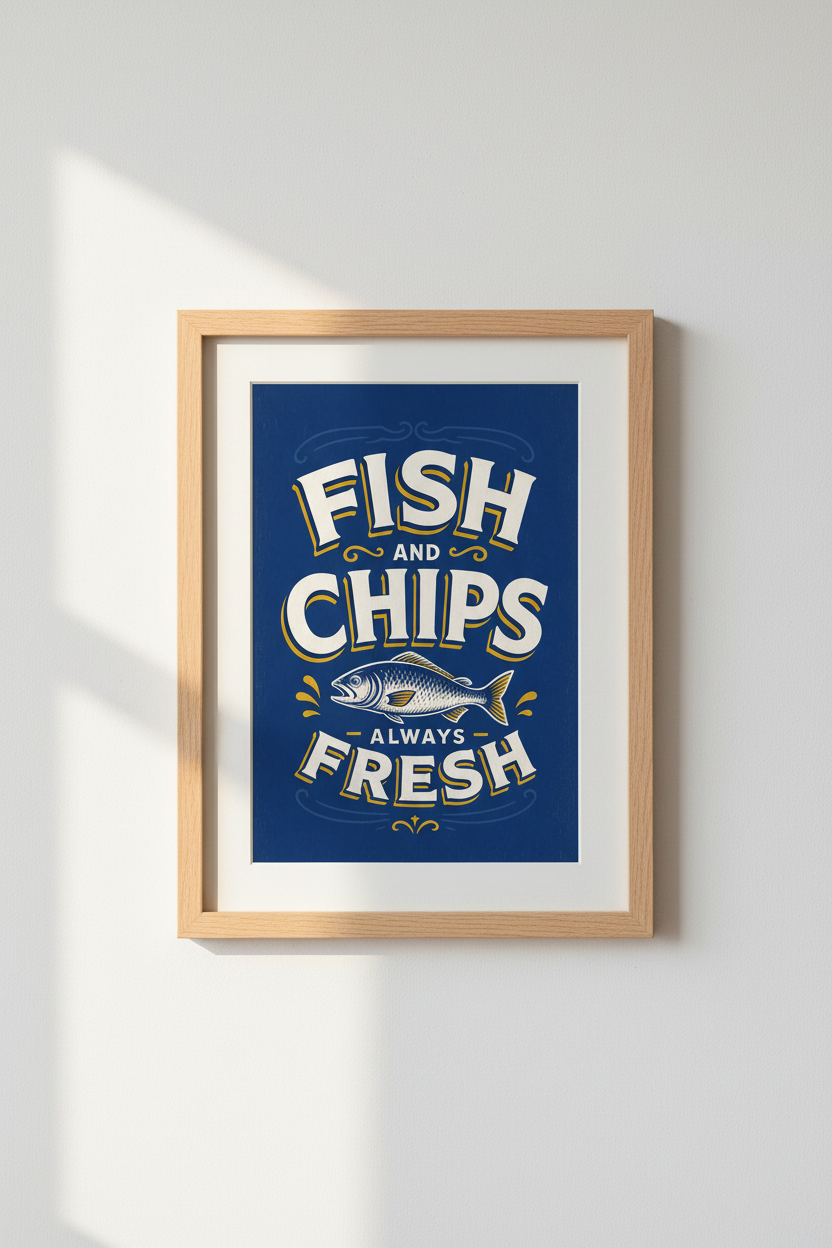 Vintage Fish Poster | Retro Typography, Deep Navy, Kitchen Decor