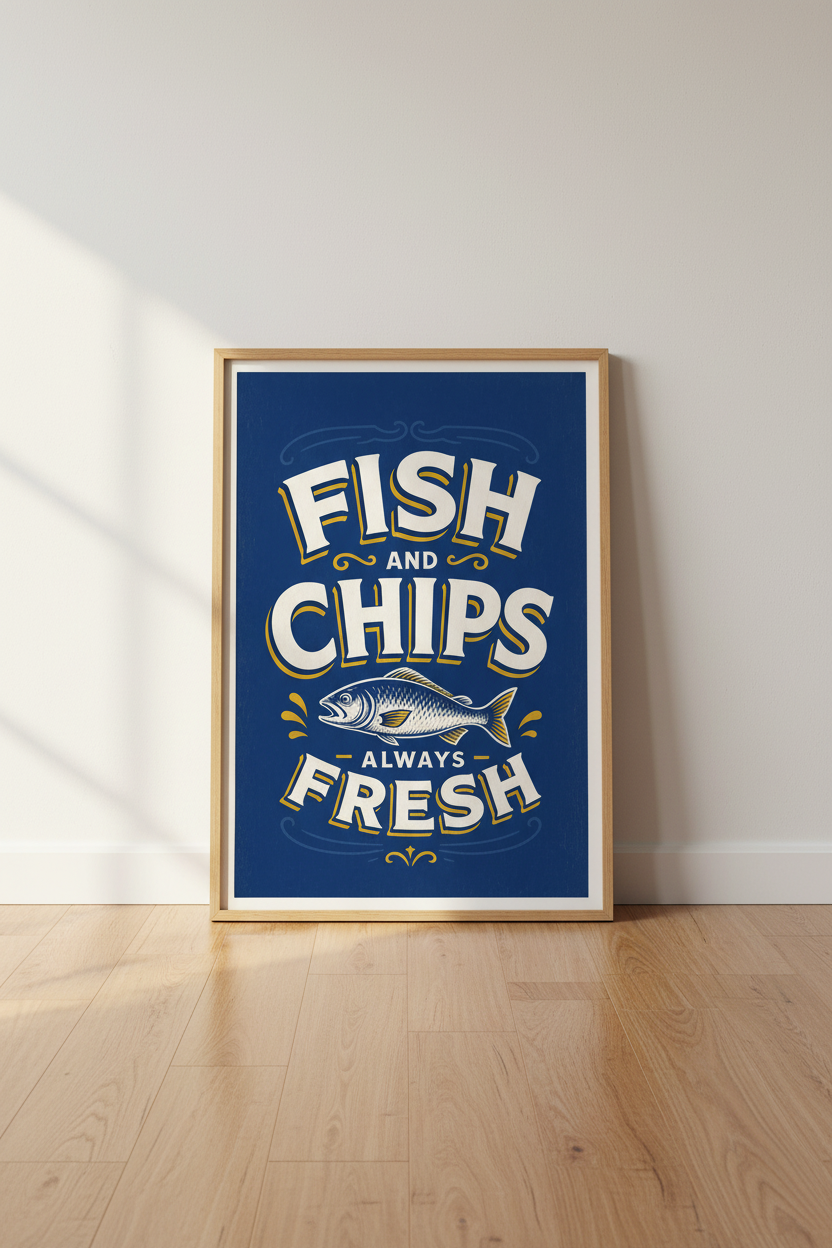 Vintage Fish Poster | Retro Typography, Deep Navy, Kitchen Decor