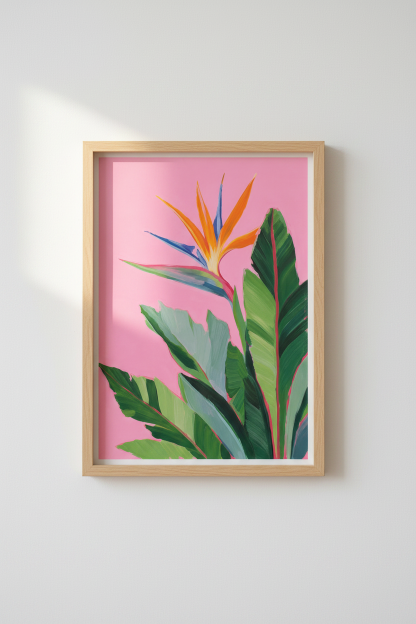 Tropical Floral Wall Art Print | Pink Botanical Decor | Bird of Paradise Poster