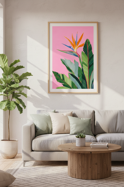 Tropical Floral Wall Art Print | Pink Botanical Decor | Bird of Paradise Poster