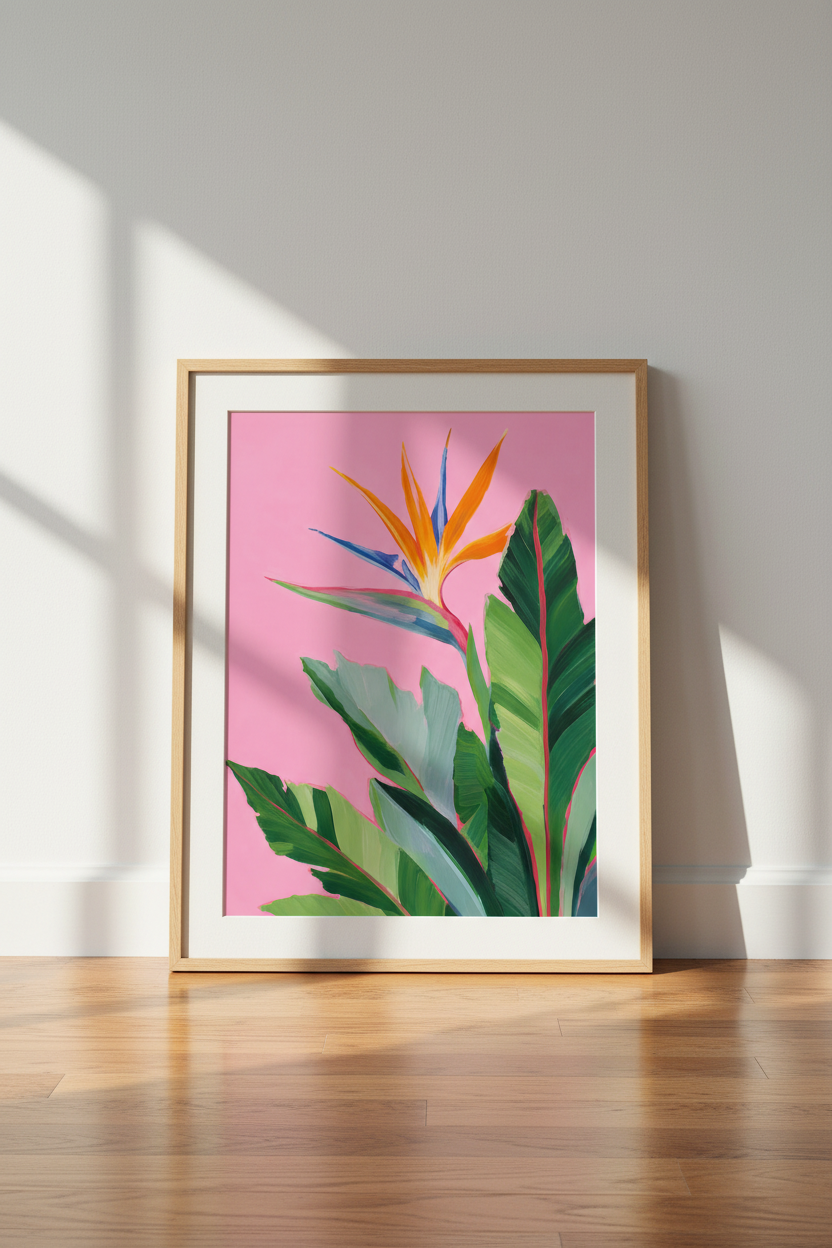 Tropical Floral Wall Art Print | Pink Botanical Decor | Bird of Paradise Poster