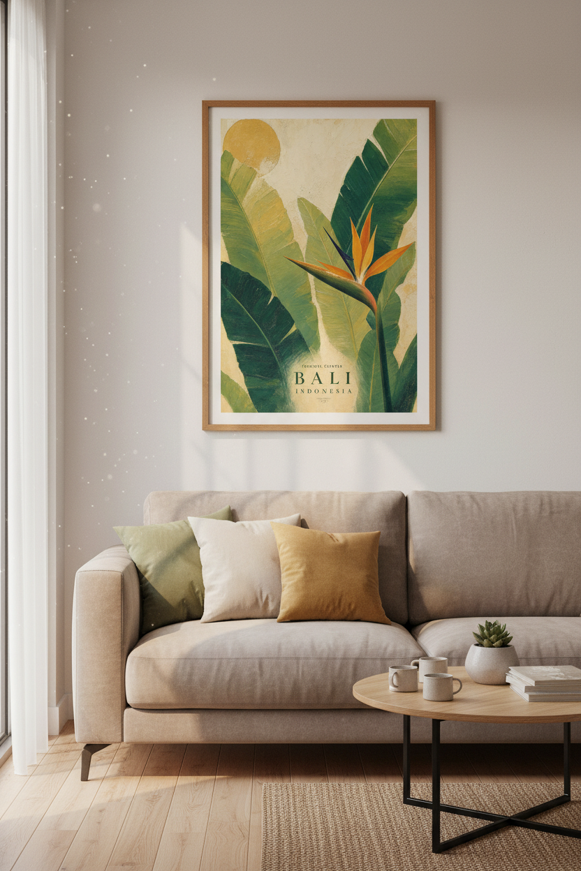 Bali Indonesia Tropical Wall Art | Botanical Flower Poster, Boho Living Room Decor