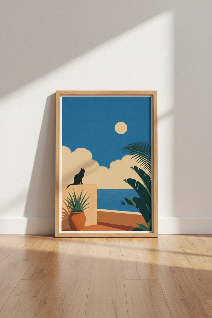Black Cat Seascape | Minimalist Blue &amp; Gold, Coastal Boho Living Room Decor
