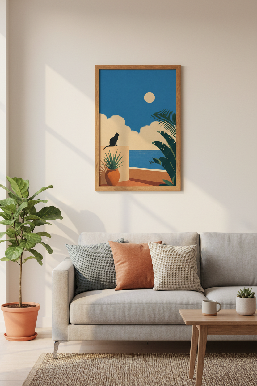 Black Cat Seascape | Minimalist Blue &amp; Gold, Coastal Boho Living Room Decor