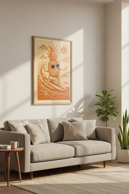 Surfing Pineapple | Retro Woodblock Style Orange Poster, Coastal Beach Decor