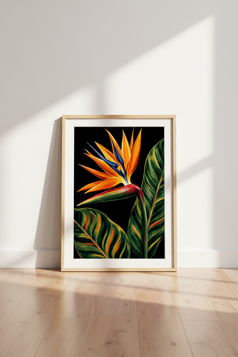 Bird of Paradise | Tropical Botanical Art, Dark Floral Living Room Decor