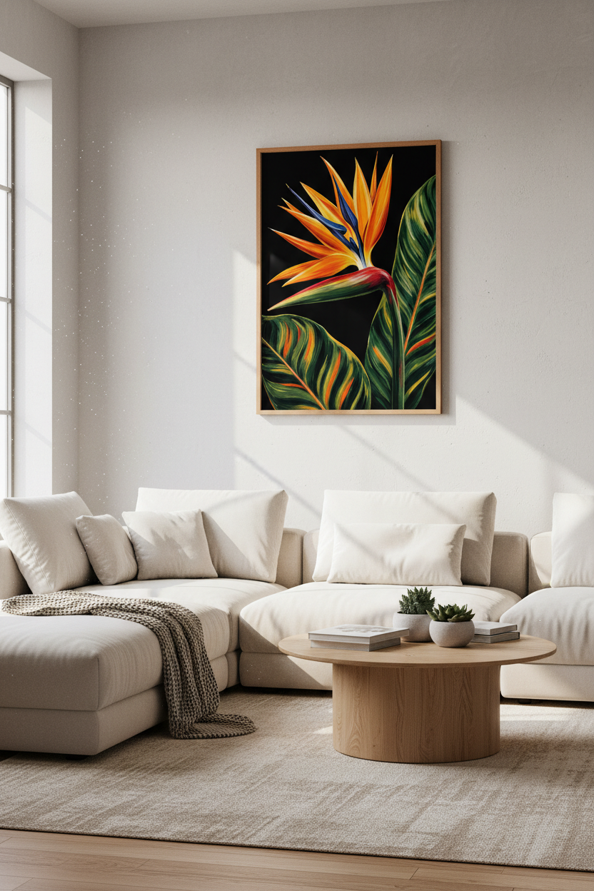 Bird of Paradise | Tropical Botanical Art, Dark Floral Living Room Decor