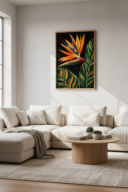 Bird of Paradise | Tropical Botanical Art, Dark Floral Living Room Decor