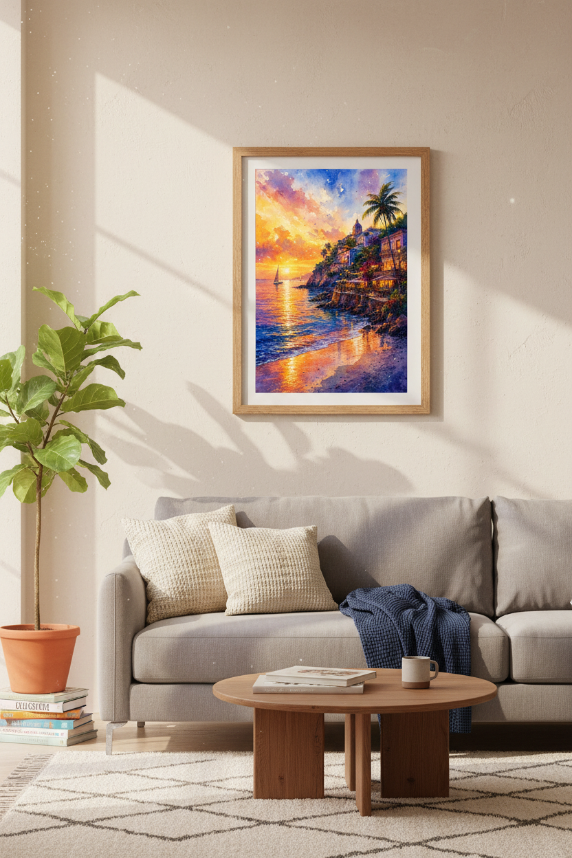 Coastal Sunset Watercolor | Mediterranean Beach Scene, Living Room Decor