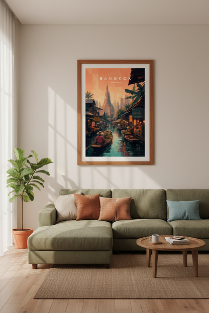 Bangkok Thailand Wall Art Print | Floating Market Sunset | Vintage Travel Poster