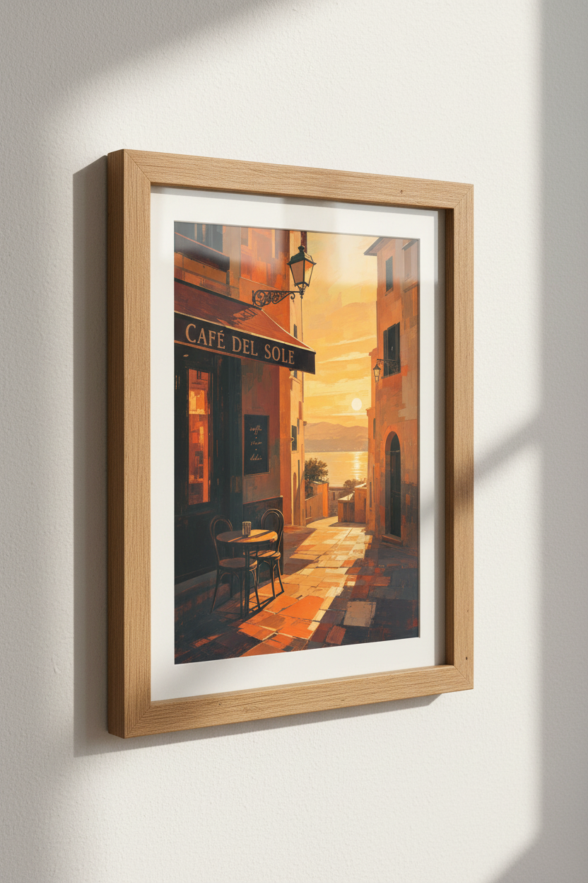 Italy Cafe Sunset Wall Art | Mediterranean Gold &amp; Amber Poster, Living Room Decor