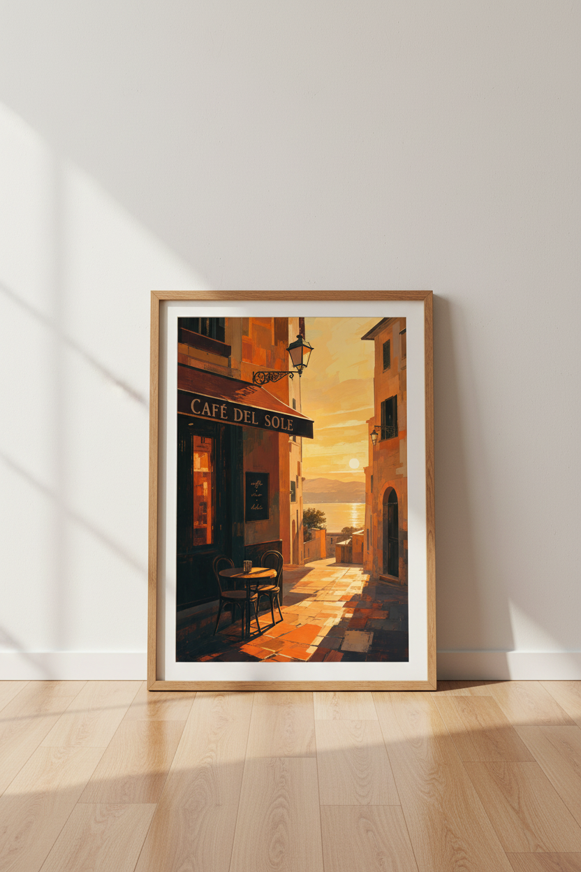 Italy Cafe Sunset Wall Art | Mediterranean Gold &amp; Amber Poster, Living Room Decor