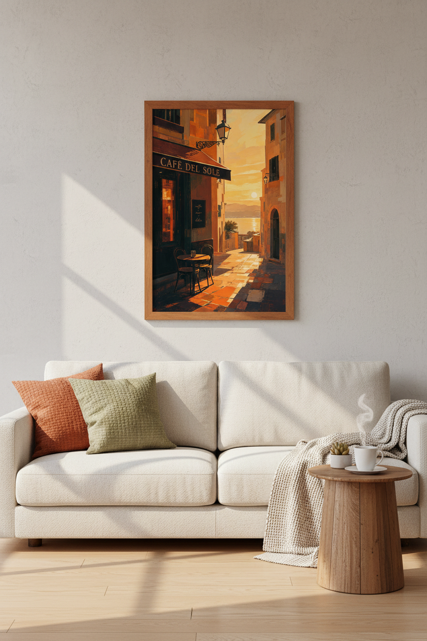 Italy Cafe Sunset Wall Art | Mediterranean Gold &amp; Amber Poster, Living Room Decor