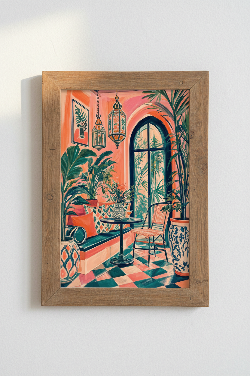 Moroccan Patio Wall Art | Vibrant Boho Garden Poster, Living Room Decor