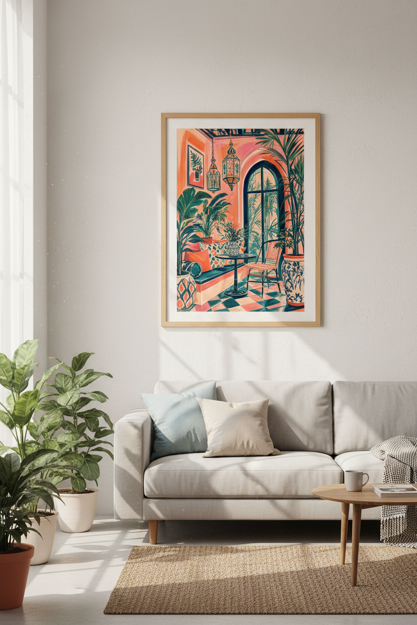 Moroccan Patio Wall Art | Vibrant Boho Garden Poster, Living Room Decor