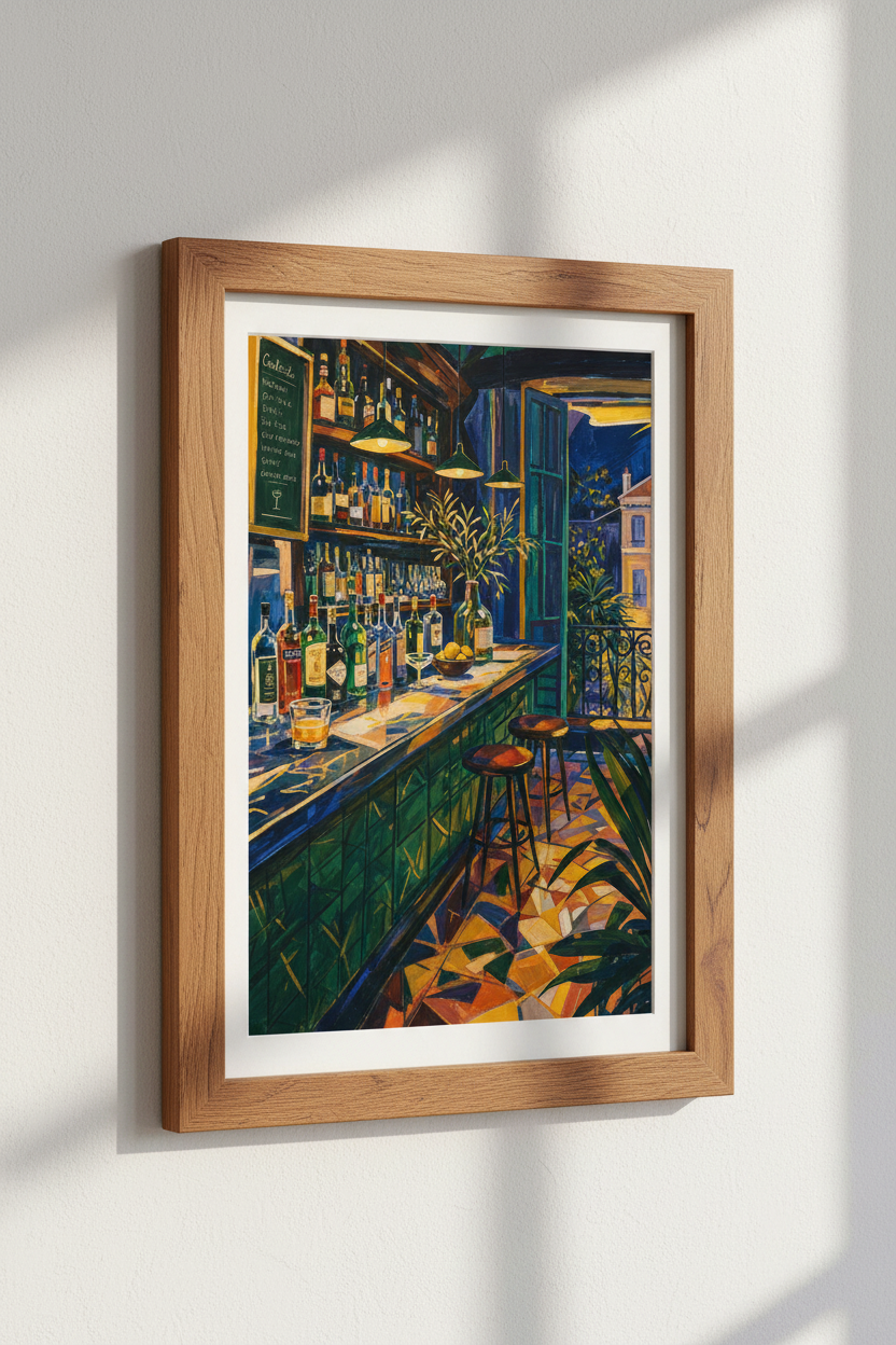 Cocktail Bar Wall Art Print | Moody Night Lounge Decor | Vibrant Impressionist Poster