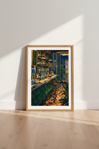Cocktail Bar Wall Art Print | Moody Night Lounge Decor | Vibrant Impressionist Poster