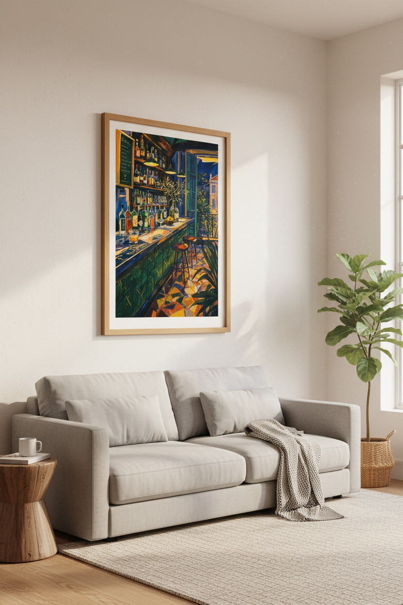 Cocktail Bar Wall Art Print | Moody Night Lounge Decor | Vibrant Impressionist Poster