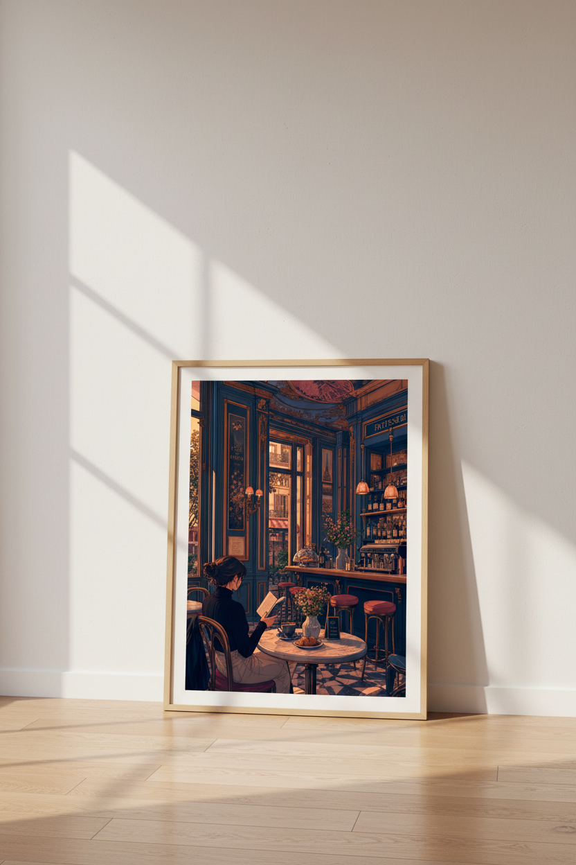 Parisian Cafe Wall Art | French Patisserie Blue &amp; Gold Decor | Cozy Lofi Poster