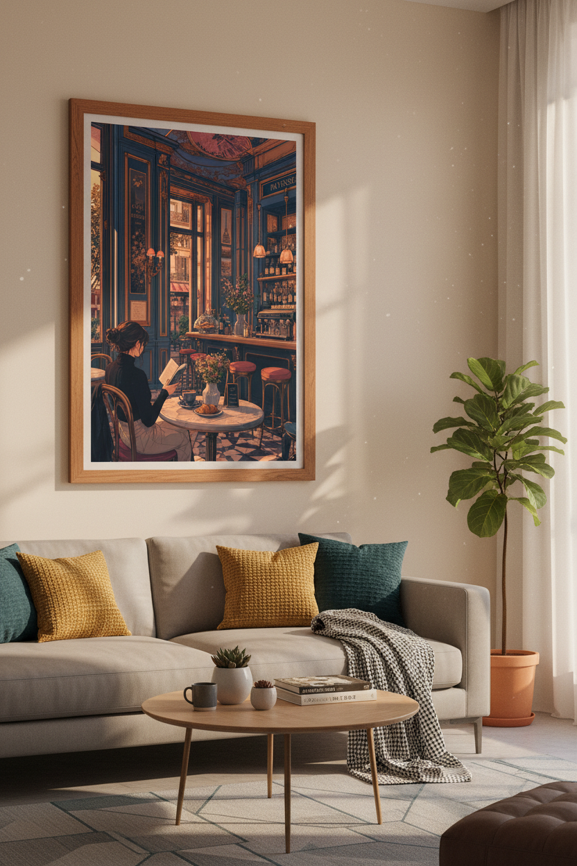 Parisian Cafe Wall Art | French Patisserie Blue &amp; Gold Decor | Cozy Lofi Poster