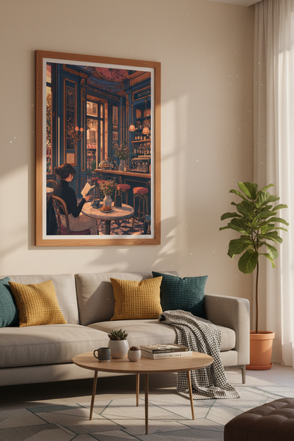 Parisian Cafe Wall Art | French Patisserie Blue &amp; Gold Decor | Cozy Lofi Poster