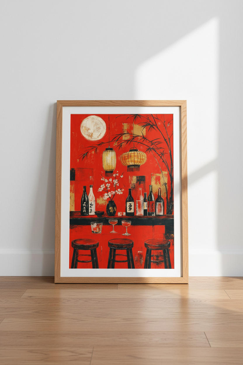 Japanese Sake Bar Wall Art | Red Asian Lounge Decor | Mid Century Modern Poster