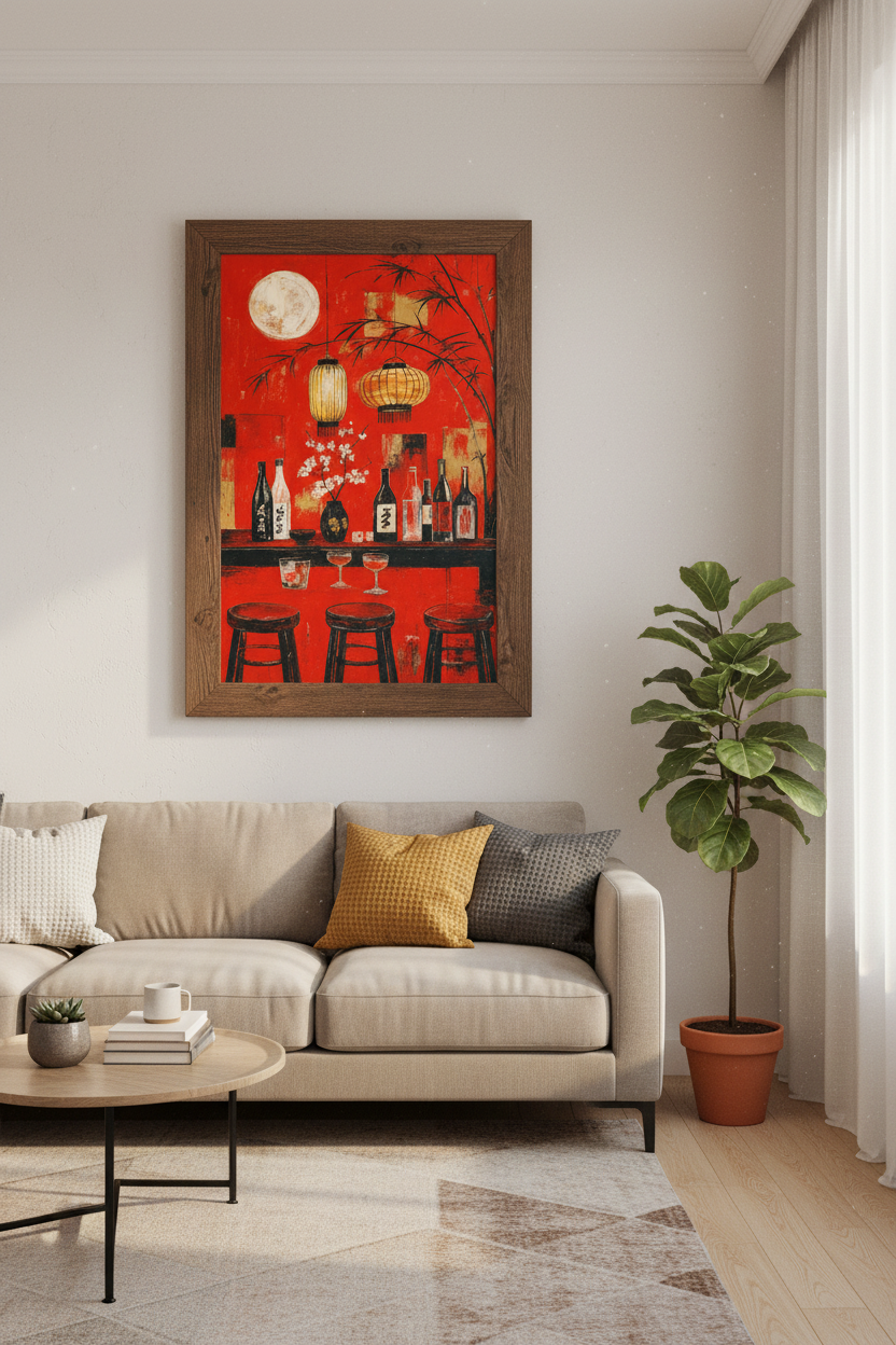 Japanese Sake Bar Wall Art | Red Asian Lounge Decor | Mid Century Modern Poster