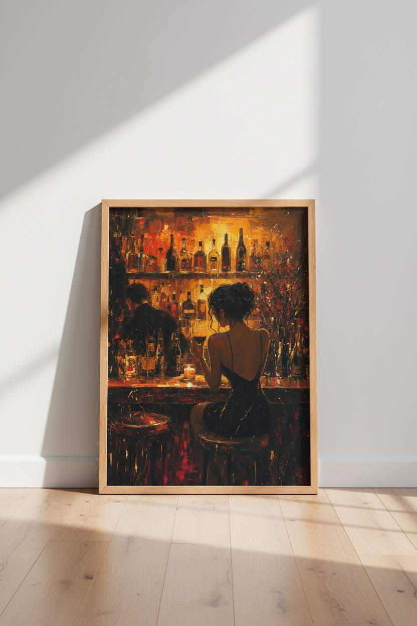 Bar Scene Oil Painting | Moody Amber Glow, Home Bar &amp; Lounge Decor Poster
