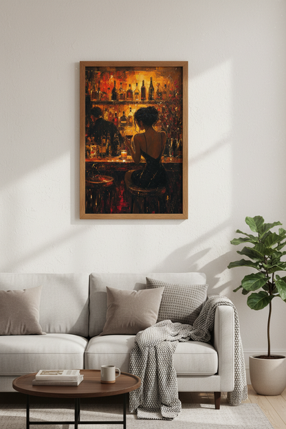 Bar Scene Oil Painting | Moody Amber Glow, Home Bar &amp; Lounge Decor Poster