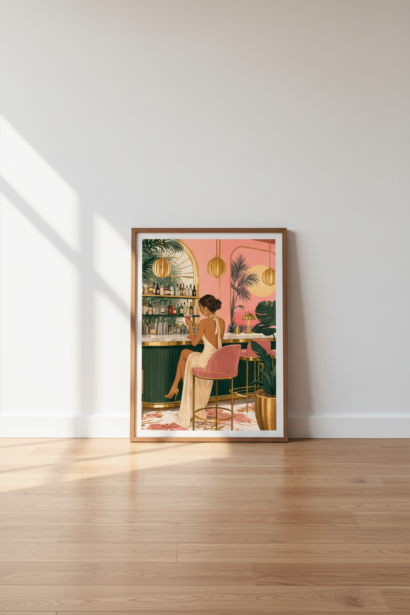 Tropical Bar Wall Art | Pink &amp; Green Retro Lounge Decor | Chic Cocktail Poster
