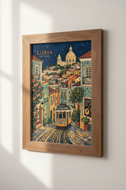 Lisbon Portugal Wall Art | Vintage Travel Poster, Tram 28 Night Scene