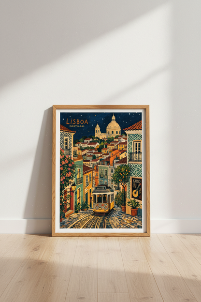 Lisbon Portugal Wall Art | Vintage Travel Poster, Tram 28 Night Scene