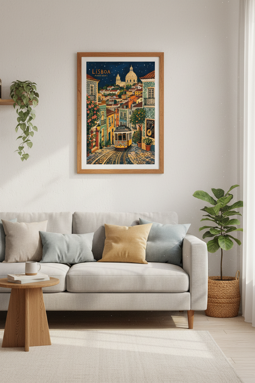 Lisbon Portugal Wall Art | Vintage Travel Poster, Tram 28 Night Scene