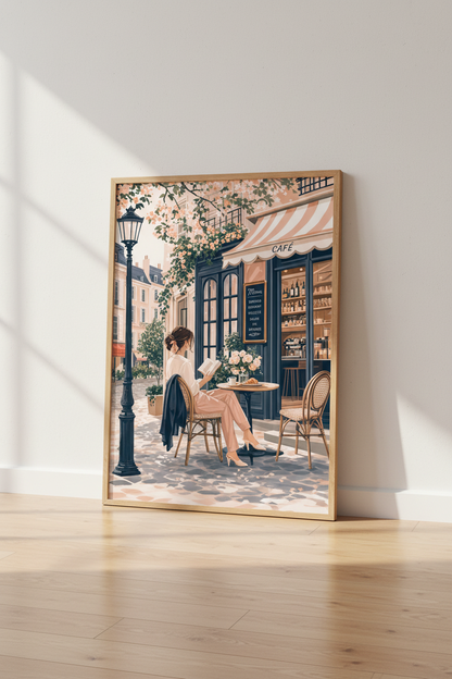 Paris French Cafe Wall Art | Pink &amp; Navy Parisian Poster | Book Lover Decor