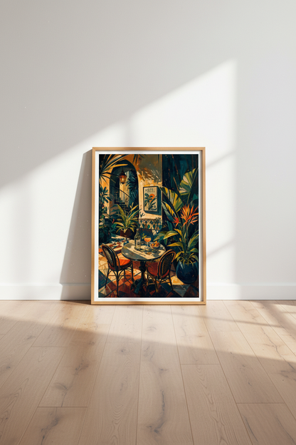 Tropical Terrace Art Print | Mediterranean Courtyard Decor | Sun Drenched Poster