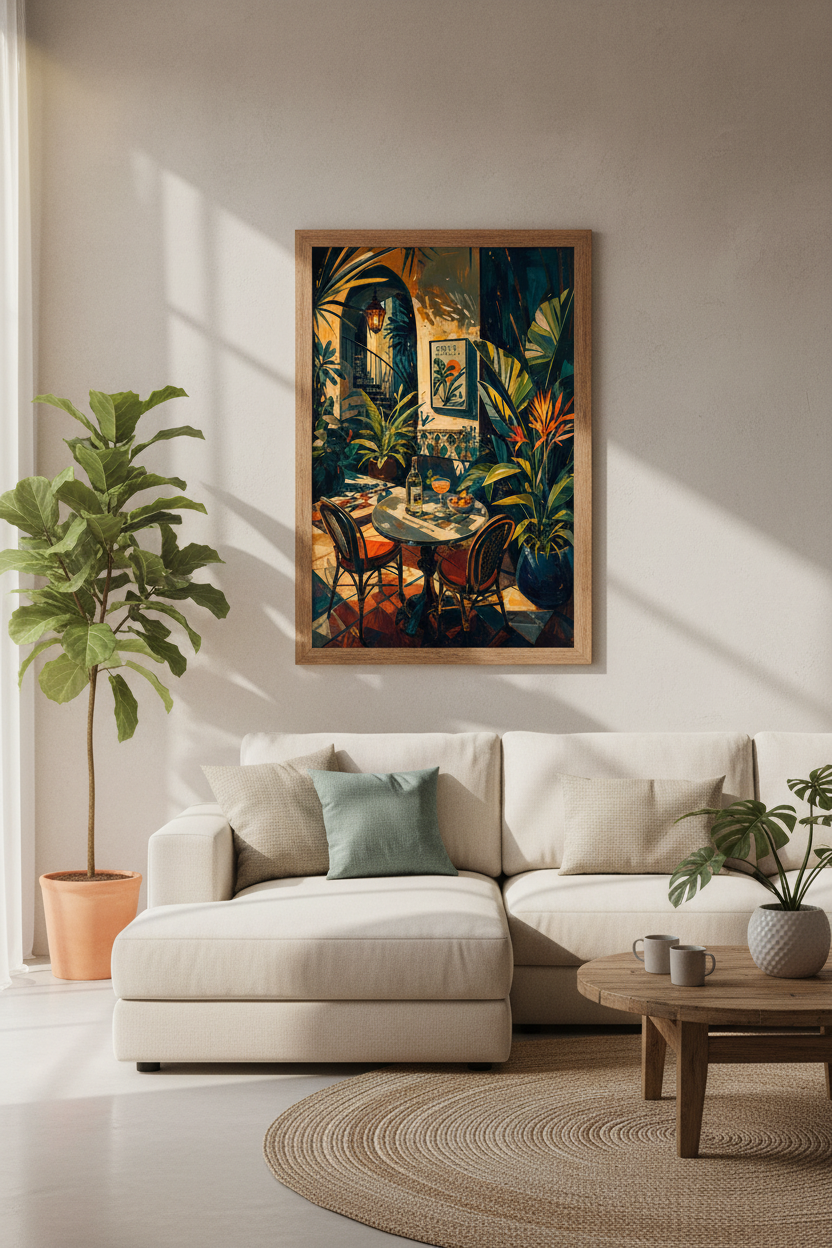 Tropical Terrace Art Print | Mediterranean Courtyard Decor | Sun Drenched Poster