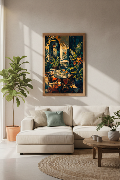 Tropical Terrace Art Print | Mediterranean Courtyard Decor | Sun Drenched Poster