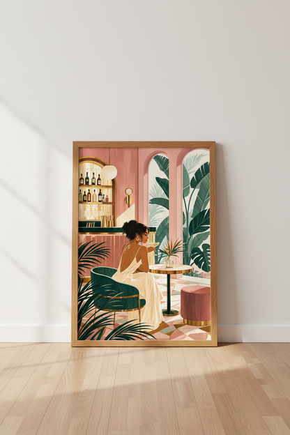 Chic Cocktail Woman Art | Pink &amp; Green Tropical Bar Decor, Modern Home Poster
